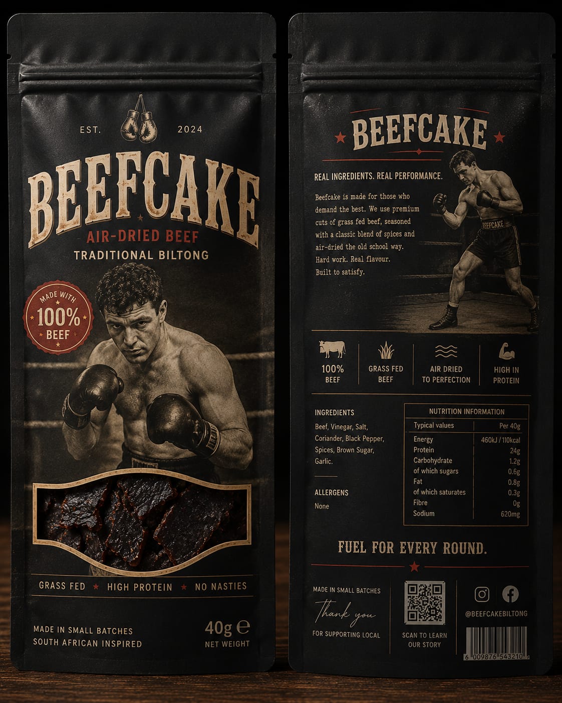 Beefcake Biltong packaging — front and back